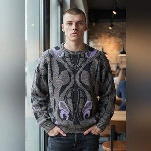 Vtg INXS Abstract Knit Sweater Made in Canada | 80s 90s Coogi Style Wool Blend